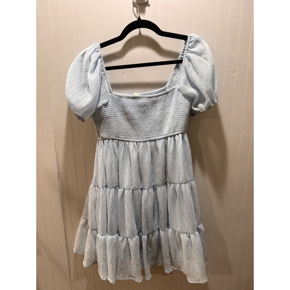 Altar'd State Light Blue Smocked Tiered Puff Sleeve Mini‎ Babydoll Dress